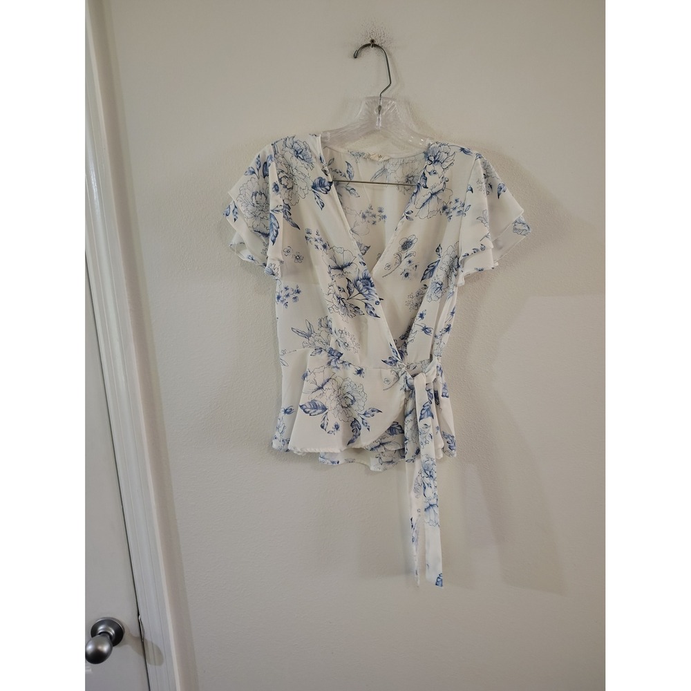 Meraki Womens Blue Floral Wrap Top Flutter Sleeve Peplum Blouse Size Medium